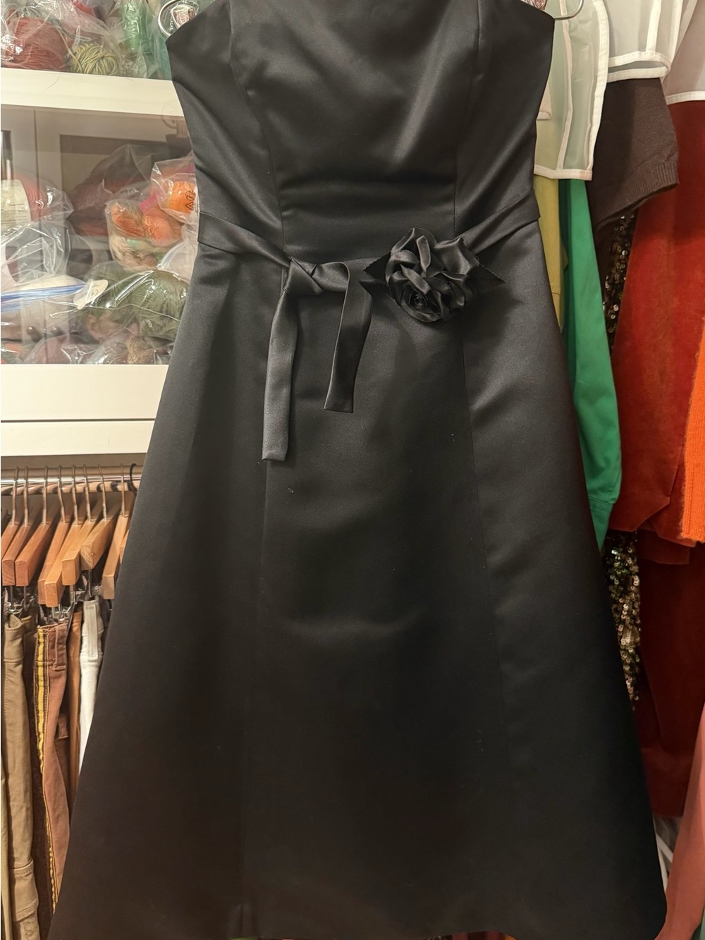 BCBGMaxAzria Black Strapless A-Line Dress with Rosette Sash